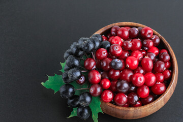 Cranberries and chokeberry in wooden bowl on black background. Nature, autumn, crop, food, berry concept.