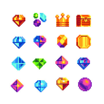 Precious stone pixel art icons set. Diamond, sapphire, topaz gemstone, crown, chest and gold coin. Isolated vector illustration. Game assets 8-bit sprite. Design stickers, logo for jewelry store, app