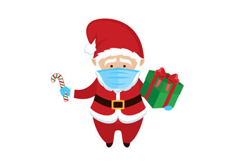 Santa Claus wearing medical mask on face to prevent Covid-19 icon vector. Santa Claus with protective mask holding gift box cartoon character. Santa with coronavirus mask icon. COVID-19 Christmas icon