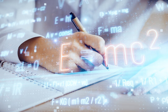 Student or teacher with mathematical and scientific formulas. Concepts of education.