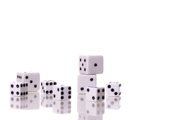 Dice set white game cubes isolated on white background. Board family games, fun activity, online casino gambling apps website, interactive party, mathematical, random concept. Copy text space