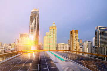 Investment concept. Renewable energy is a necessity of the future world.Solar Cell Future Energy.Big Solar Cell check with the engineer.Double Exposure Panorama.Big city needs electricity.