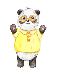 watercolor illustration of cute panda boy in yellow t-shirt and glasses. on a white background, paws raised up. children's print. for design, decoration, album, cards, invitations.