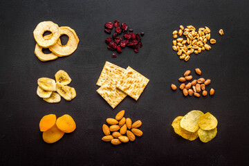 Pattern of nuts and snacks collection top view