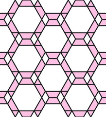 Modern abstract repeating pattern of hexagons formed of pink shapes on a white background, gemetric vector illustration