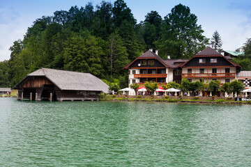 Fototapeta na wymiar Boat houses for ferries on Koenigssee Lake, Upper Bavaria, Bavaria, Germany, Europe
