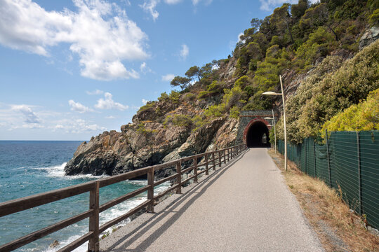Liguria, Italy: former railway track  transformed into a promenade and bicycle lane, connecting Varazze and Cogoleto: the lungomare or passeggiata Europa