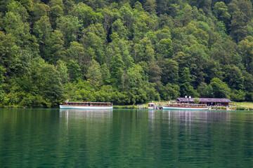 Electro-Boat,with,tourists,on,the,Königssee,,Schönau,am,Königssee,,National,Park,Berchtesgaden,area,,Berchtesgaden,,Upper,Bavaria,,Bavaria,Germany,