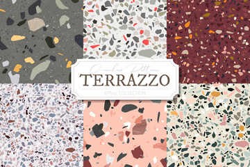 Cotton fabric Collection of vector terrazzo abstract backgrounds. Stone and rock textures for floor tiles with granite, quartz, marble and concrete. Set of seamless patterns