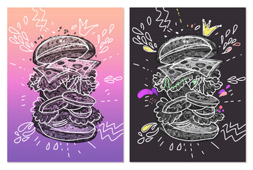Creative vector posters with hamburger. Fast food illustrations with mixed styles doodles and hand drawn engraved with gradient and vibrant colors. Trendy sketch design of posters for restaurant, menu