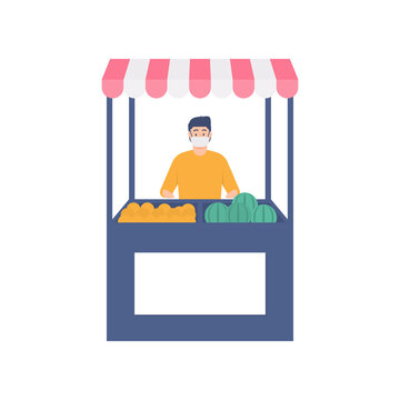 Illustration Of A Merchant Wearing A Mask While Selling His Wares Such As Oranges And Watermelons. Trade During The Coronavirus Outbreak. Active During The Pandemic. Flat Style. UI Design Elements