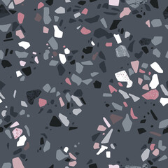 Cotton fabric Dark gray terrazzo vector abstract background. Seamless pattern in italian or venetian classic style with natural stone, granite, marble for prints, textile, home decore, wallpaper, tile, flooring