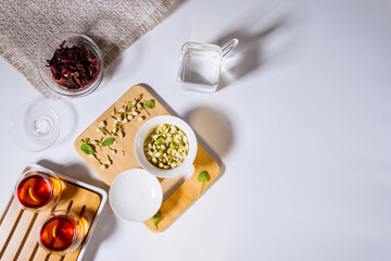 herbal tea. Traditional Asian tea. on a white background, top view. flat lay