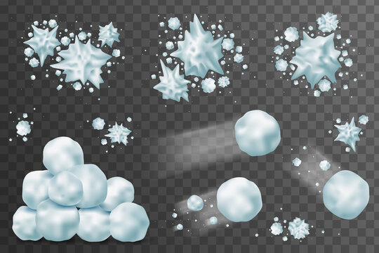 Snowball 3d. Snow splats, splashes and round white snowballs collection. Winter fun, playing with snow, children's games, throw a snowball.