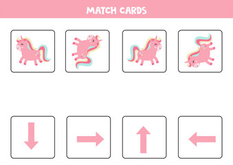 Match orientation arrows with cute pink unicorns.