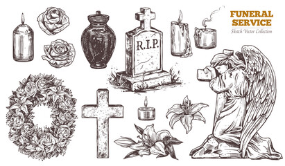 Funeral service vector hand drawn set. Attributes and symbols of condolence, loss, dead, bereavement and cemetry. Sketch of vintage stone angel, tombstone, urn, cross, resurrection - obrazy, fototapety, plakaty