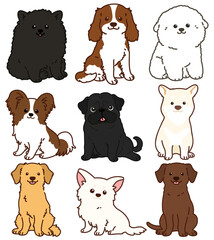 Set of outlined adorable dogs sitting in front view