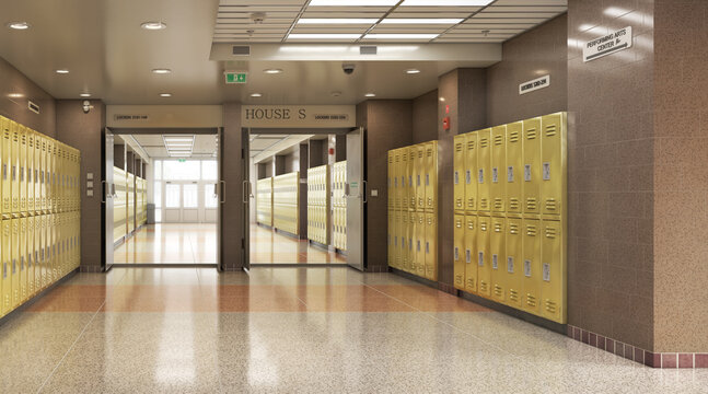 Long school corridor with yellow lockers , 3d illustration