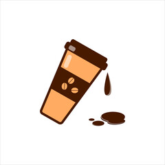 Coffee is spilled from paper cup. Brown drops of coffee. Isolated,
