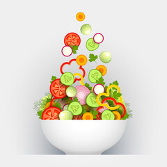 Various sliced fresh vegetables are falling in large white bowl