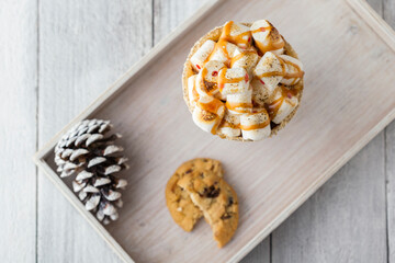 Hot chocolate, marshmallows and chocolate chip cookies