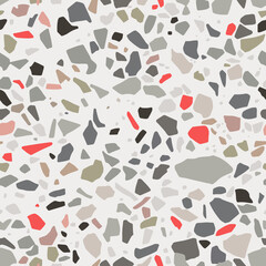 Cotton fabric Terrazzo style seamless vector pattern. Polished stone trendy abstract background in grey, red, light colors