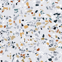 Fototapeta na wymiar Terrazzo vector seamless pattern. Abstract background with polished stone, marble, glass, granite and natural minerals in gray colors