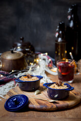 Winter crumble dessert and mulled wine