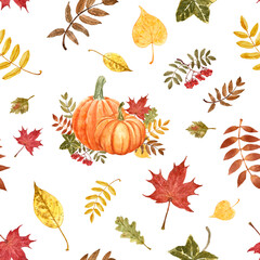 Fall harvest themed seamless pattern. Watercolor hand painted orange pumpkins, berries and foliage on white background. Thanksgiving day print.