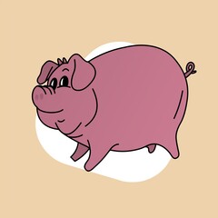 Illustration of Smiling Pig Cartoon, Cute Funny Character, Flat Design