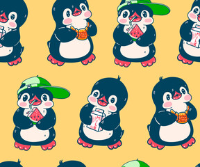 Seamless pattern with cute penguins