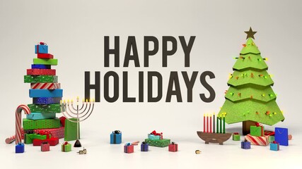 Happy holidays banner with christmas tree, menorah, kwanzaa candles, gifts, candy canes, and dreidels. Festive greeting card 3D animation in 4K. - Powered by Adobe