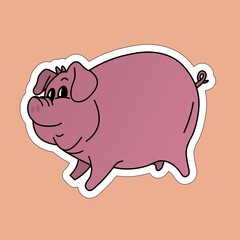 Sticker of Smiling Pig Cartoon, Cute Funny Character, Flat Design