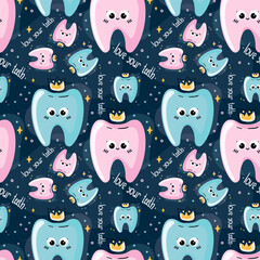 Seamless pattern of cute happy doodle cartoon pink and blue tooths with yellow crown in kawaii style isolated on dark background. Lettering love your teeth.