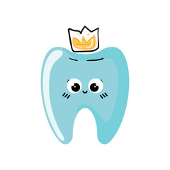Cute happy doodle cartoon blue tooth with yellow crown in kawaii style isolated on white background.