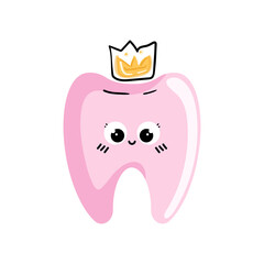 Cute happy doodle cartoon pink tooth with yellow crown in kawaii style isolated on white background.