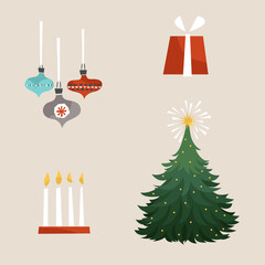 Collection of  the Christmas tree, ornaments, candles and gift on a beige background