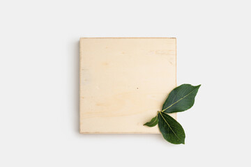 Top view of wooden frame with green leaves. Mock up for zero waste, eco, sustainable products. Package box