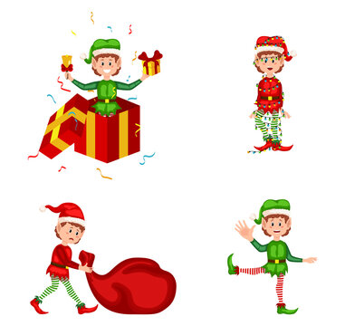 funny and joyful santa helper sending holiday gift and decoration christmas tree. Set of cute playful Christmas elves. Collection of cute Santa Claus helpers.