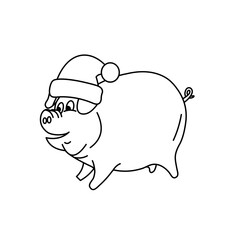 Coloring of Pig Opened its Mouth While Wearing the Santa Hat Cartoon, Cute Funny Character, Flat Design