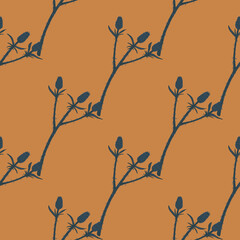 Minimalistic autumn seamless doodle pattern with navy blue thorn twigs. Floral branches on dark orange background.