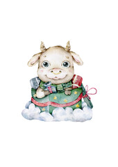 Year of the bull 2021. New year illustration. Hand drawn watercolor cute baby bull. Nursery clip art. Christmas greeting card.