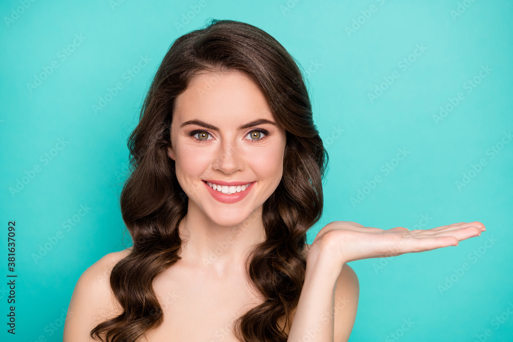 Sticker Closeup photo of beautiful curly lady hold open arm novelty product spa salon procedure cream balm at home nude shoulders purity isolated teal color background