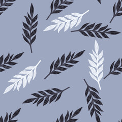 Seamless random pattern with leaves branches elements. Blue background. White and dark botanic ornament.