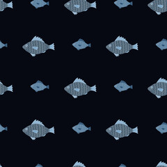 Simple seamless aqua pattern with underwater fish ornament. Black background with blue underwater animal ornament.