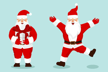 Collection of Christmas Santa Claus with gift. Funny cartoon character with different emotions. Santa Claus ready new year.