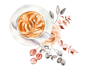 Watercolor coffe cup with florals bouquets. Peach roses, boho flowers. Great for feminine logo, cafe menu, banner, stickers. Autumn cup of coffee