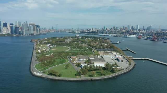 Flying counter clockwise around Governor's Island with NYC in background