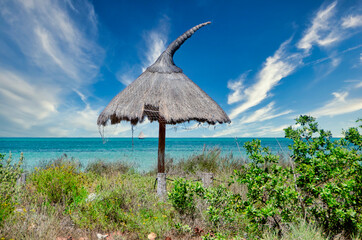 Fototapeta na wymiar Rustic beach umbrella made of straw and wood amidst the bushes on a beach on Holbox Island, Mexico. In the background, the Caribbean Sea and a boat quietly sail.