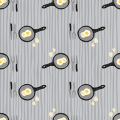 Hand drawn stylized breakfast pattern with eggs meal. Pans, knife and folks with omelette meal. Stripped grey background.